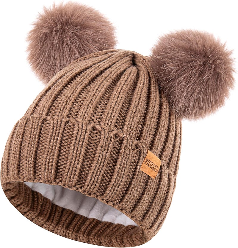 PIOZAED Women's Winter Warm Knit Beanie with Faux Fur Pom Skull Cap Cozy Fleece Lined Hat for Women - Image 1